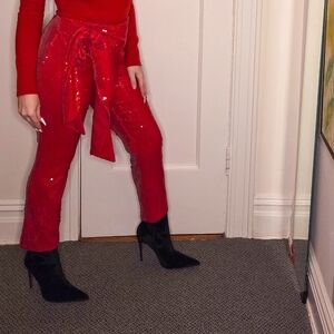 PETITE - INC Candy Apple Red Sequin Mid Rise Slim Pants With Removeable Bow